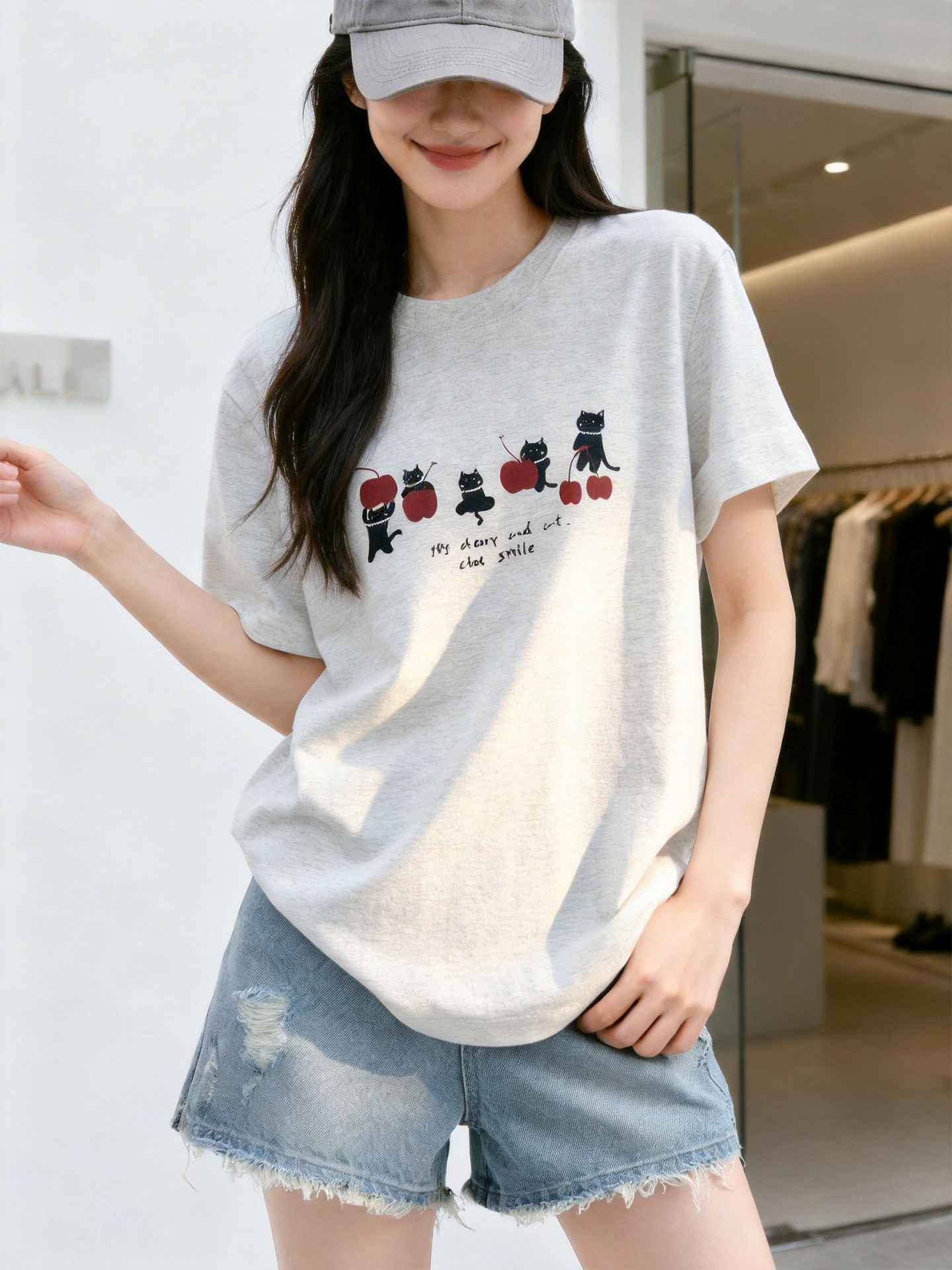 230 크 무거운 순면 고양이 프린트 반팔 티셔츠 여성 2026 년 여름 새로운 루즈핏 연령 감소 캐주얼 맨위