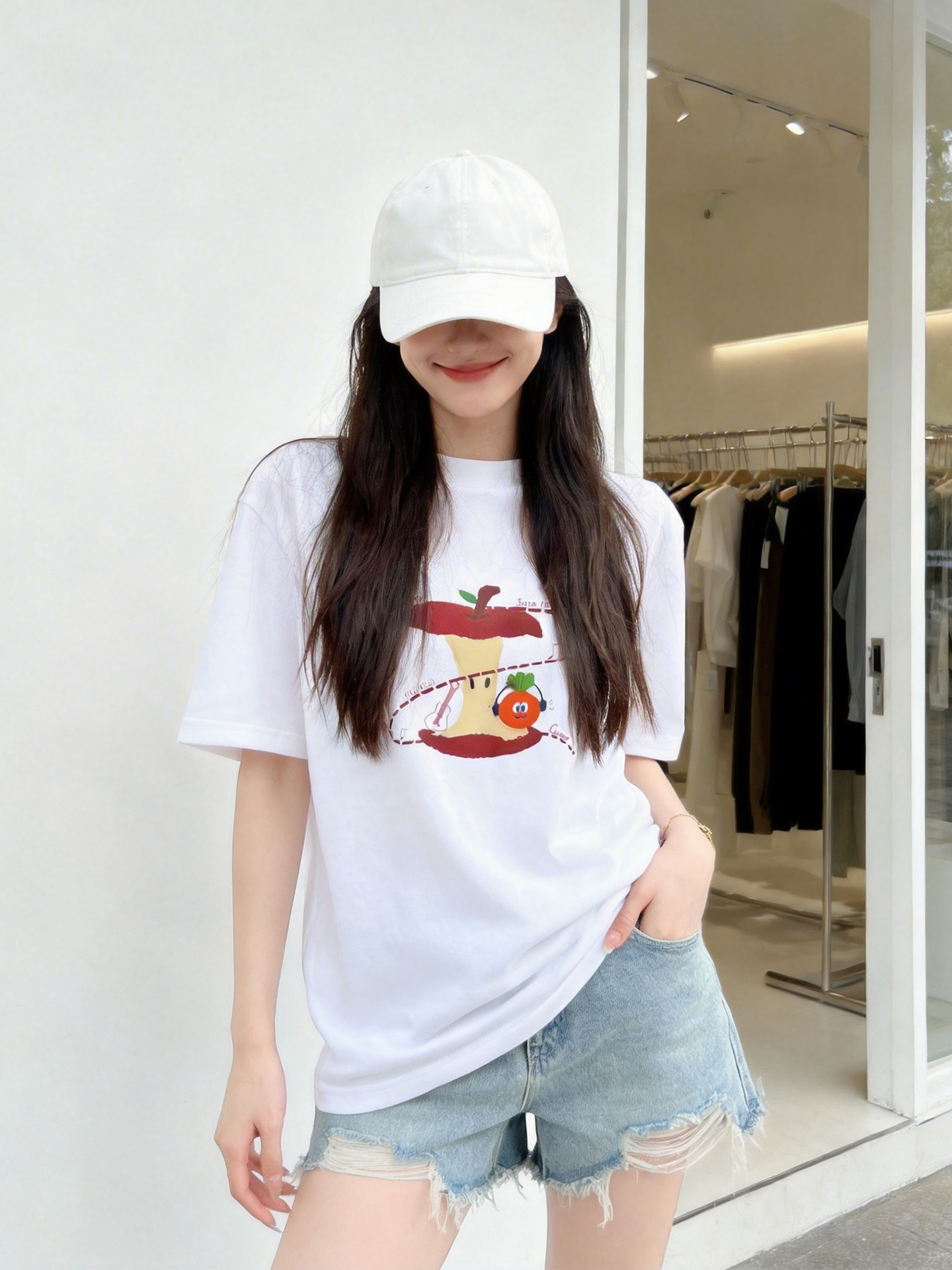 2026 년 여름 새로운 여성 티셔츠 무거운 230 크 순면 마이크로 가을 어깨 애플 과일 코어 밴드 루즈핏 슬림해 보이는 반팔