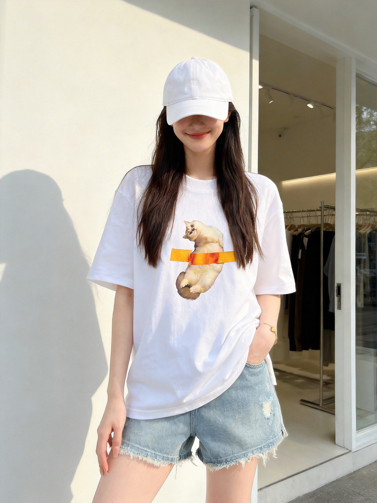 카터 블루 바나나 속임수 고양이 230 크 무거운 순면 티셔츠 남녀 같은 단락 루즈핏 가을 어깨 반팔 트렌디 맨위
