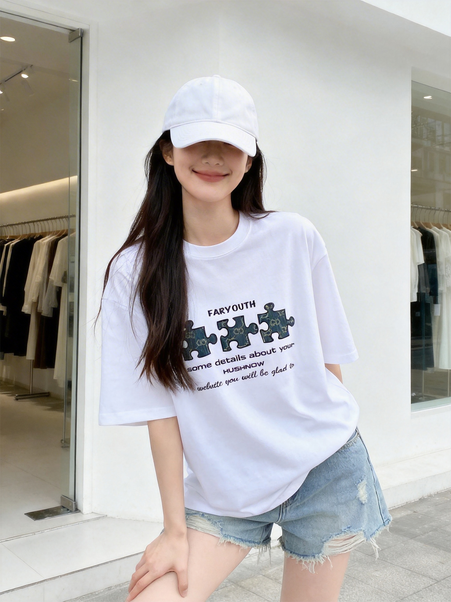 230g 무거운 순면 퍼즐 티셔츠 여성 2026 여름 새로운 루즈핏 한 부서 느긋한 바람 화이트 반팔 맨위