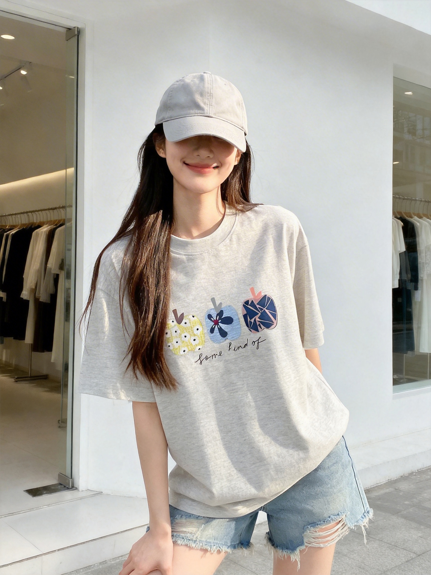 2026 여름 새로운 무거운 순면 티셔츠 여성 애플 프린트 루즈핏 반팔 한 부서 캐주얼 다용도 맨위