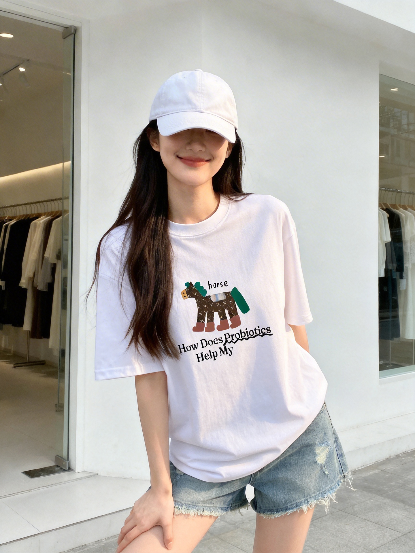2026 년 여름 새로운 고차 느슨함 무거운 순면 작은 말 패치 t 셔츠 여름 한 부서 캐주얼 반팔