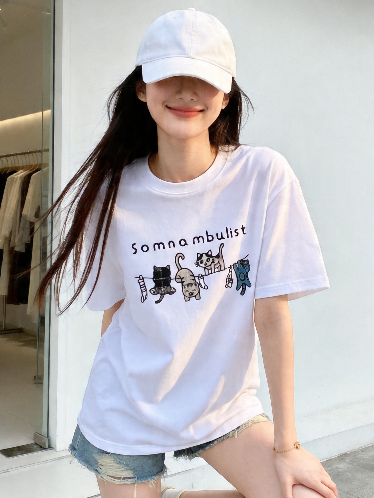 230 그램 무거운 순면 ins 바람 고양이 패치 프린트 화이트 t 셔츠 여성 2026 여름 새로운