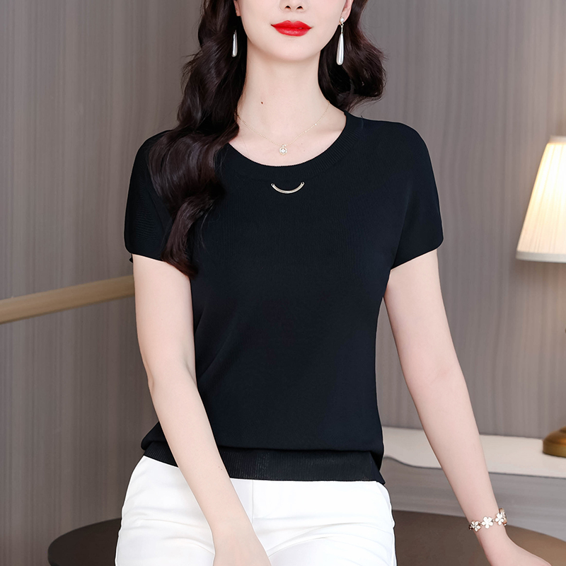 얼음 실크 반팔 티셔츠 여성 여름 새로운 여성 의류 단색 다용도 라운드 넥 루즈핏 맨위 긍정적 인 어깨 미니멀리즘 기본 셔츠
