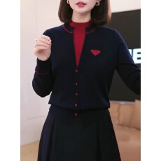 批发通勤简约假两件撞色针织衫<b class='q'>女</b>2025秋冬新款三角标休闲百搭<b class='q'>长袖</b>上衣