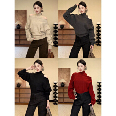 批发秋冬新款半高领针织<b class='q'>背心</b>一字肩<b class='q'>毛衣</b>高级感两件套