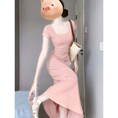 批发蓝色连衣裙女夏季新款<b class='q'>修身</b>多巴胺清纯收腰穿搭包臀长裙小个子