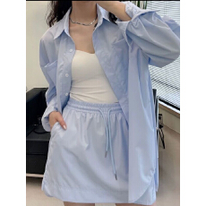 批发2026早春秋新款韩版慵懒风宽松长袖纯色防晒衬衫+短裙两件套装夏