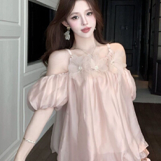 温柔风纯欲性感露肩吊带雪纺衫女超仙独特绝美上衣