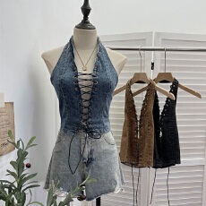 批发实拍 <b class='q'>牛仔</b>镂空穿绳绑带挂脖吊带<b class='q'>背心</b>辣妹<b class='q'>性感</b>露背短款无袖上衣