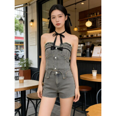 批发性感辣妹后背打揽抹胸<b class='q'>背心</b>毛边<b class='q'>牛仔</b>压褶蝴蝶结短款上衣