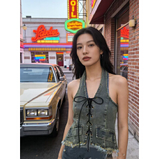 批发美式辣妹风时尚炸街性感绑带V领吊带<b class='q'>背心</b>设计<b class='q'>牛仔</b>流苏气质短上衣