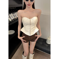 批发<b class='q'>欧美</b>风辣妹性感皮衣抹胸女夏季高级感辣妹别致设计系带PU皮上衣潮