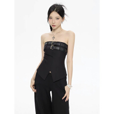批发无袖抹胸背心女夏季<b class='q'>欧美</b>风设计感系带拉链不规则修身显瘦上衣