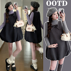 批发实拍有货孕妇<b class='q'>正品</b>韩系蝴蝶结装饰背心呢料无袖<b class='q'>连衣裙</b>套装