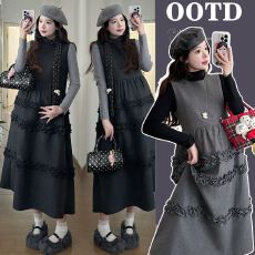 批发[实拍有货】孕妇<b class='q'>正品</b>韩系木耳边装饰背心呢料无袖<b class='q'>连衣裙</b>套装