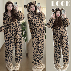 批发实拍有货孕妇加绒加厚珊瑚绒家居服外穿背带裤长裤休闲豹纹