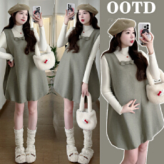 批发 实拍有货孕妇正品韩系蝴蝶结装饰背心呢料无袖连衣裙套装