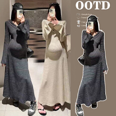 批发春款抖音爆款原版质量有货孕妇慵懒风连帽遮肚<b class='q'>条纹</b>拖地<b class='q'>长裙</b>