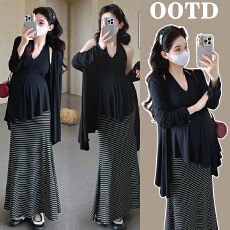 批发春夏款实拍孕妇开衫背心+黑白<b class='q'>条纹</b>针织弹力显瘦半身<b class='q'>裙</b>套装