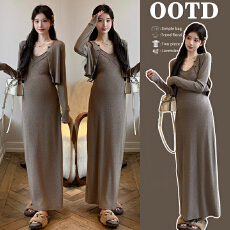 批发春款实拍有货孕妇套装显瘦长款<b class='q'>连衣裙</b>2件套鱼尾套装裙