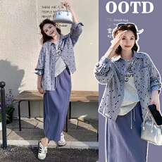 批发有货孕妇韩版3件套初<b class='q'>夏</b>绣花格纹衬衫外套印花短袖半裙套装