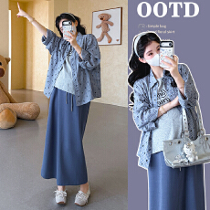 批发实拍孕妇韩版3件套初<b class='q'>夏</b>绣花格纹衬衫外套印花短袖半裙套装