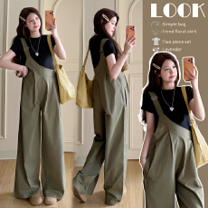 批发实拍<b class='q'>孕妇</b><b class='q'>夏</b>军绿色工装高腰显瘦宽松阔腿裤背带裤内搭2件套