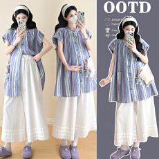 批发实拍孕妇<b class='q'>夏</b>季洋气2件套时尚条纹<b class='q'>上衣</b>阔腿<b class='q'>裤</b><b class='q'>套装</b>