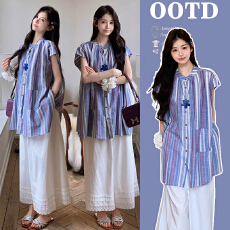 批发实拍孕妇<b class='q'>夏</b>季洋气2件套时尚条纹<b class='q'>上衣</b>阔腿<b class='q'>裤</b><b class='q'>套装</b>