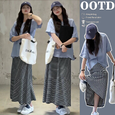 批发孕妇装夏季宽松休闲T恤+孕妇休闲<b class='q'>百搭</b>条纹半身裙2件套套装