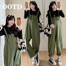 批发实拍<b class='q'>孕妇</b><b class='q'>早春</b>军绿色工装高腰显瘦宽松阔腿裤背带裤内搭2件套