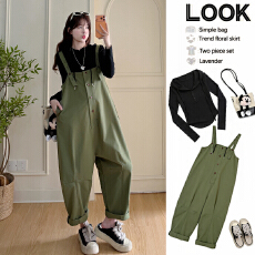 批发实拍<b class='q'>孕妇</b><b class='q'>早春</b>军绿色工装高腰显瘦宽松阔腿裤背带裤内搭2件套