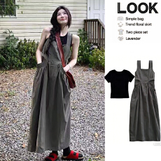 批发孕妇灰绿长款方领H型扭结<b class='q'>无袖</b>挂脖<b class='q'>连衣裙</b>+短袖T恤套装