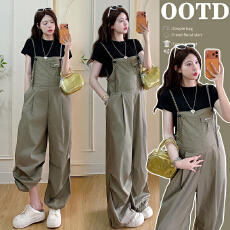 实拍孕妇夏浅绿色工装高腰显瘦宽松阔腿裤背带裤内搭2件套