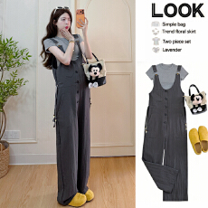 批发孕妇夏工装高腰显瘦<b class='q'>宽松</b>阔腿裤<b class='q'>背带裤</b>内搭2件套