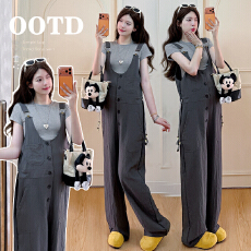 批发实拍孕妇夏工装高腰显瘦<b class='q'>宽松</b>阔腿裤<b class='q'>背带裤</b>内搭2件套