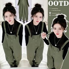 批发实拍孕妇早春军绿色工装高腰显瘦<b class='q'>宽松</b>阔腿裤<b class='q'>背带裤</b>内搭2件套