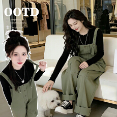 批发实拍孕妇早春军绿色工装高腰显瘦<b class='q'>宽松</b>阔腿裤<b class='q'>背带裤</b>内搭2件套