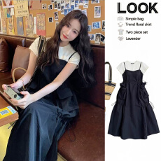 批发实拍<b class='q'>孕妇</b><b class='q'>夏</b>套装洋气时髦慵懒风短袖上衣宽松大码背带裙2件套