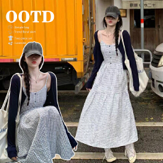 批发孕妇韩系度假风显瘦格子吊带裙纯棉防嗮外搭套装