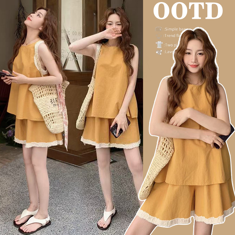 임산부 주황색 패션 레이스 패치워크 조끼 세트 여름 스트레이트 반바지 2 세트 세트