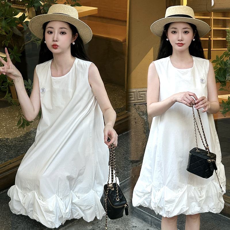 실사 임산부 패션 민소매 조끼 스커트 드레스 작은 키 루즈핏 슬림해 보이는 품격 아름다운 휴가 치마