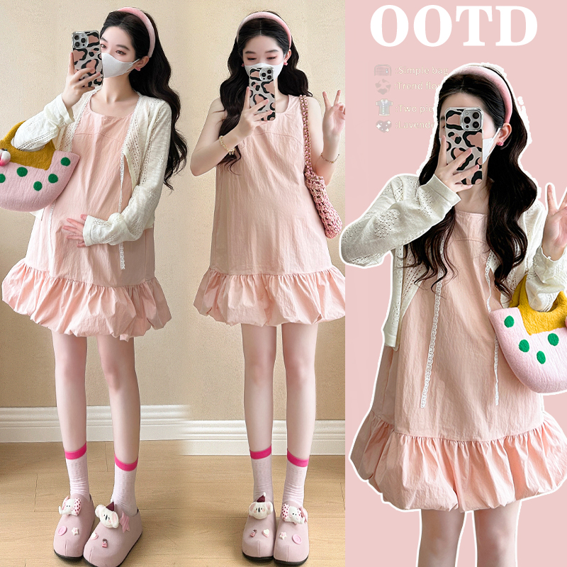 실사 임산부 한국 스타일 패션 루즈핏 조끼 원피스 자외선 차단 재킷 2 세트 매운맛 엄마