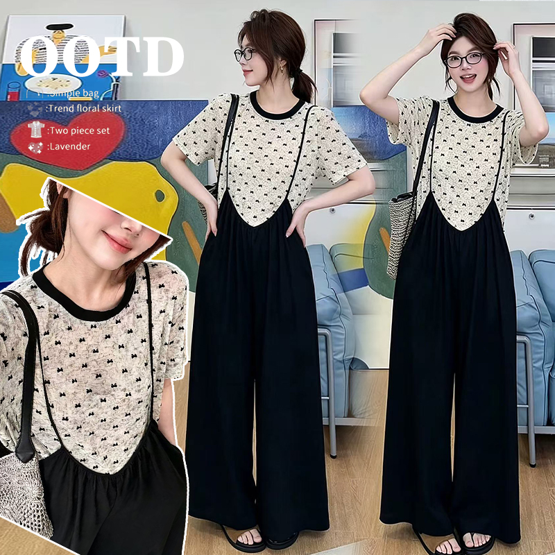 지금 임산부 여름 나비 매듭 식물 플러시 패턴 맨위 수 있습니다. 조정 어깨끈 와이드 레그 팬츠 멜빵 바지 세트