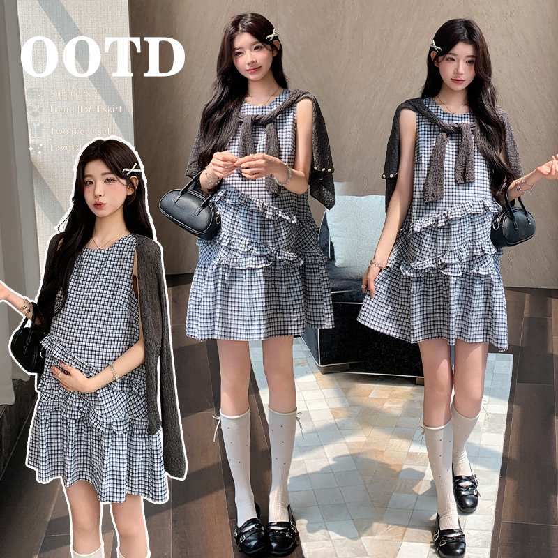 실사 지금 공항 체크 스커트 캐주얼 품격 패션 레트로 민소매 드레스 나무 껍질 곡물 니트 오픈 가디건