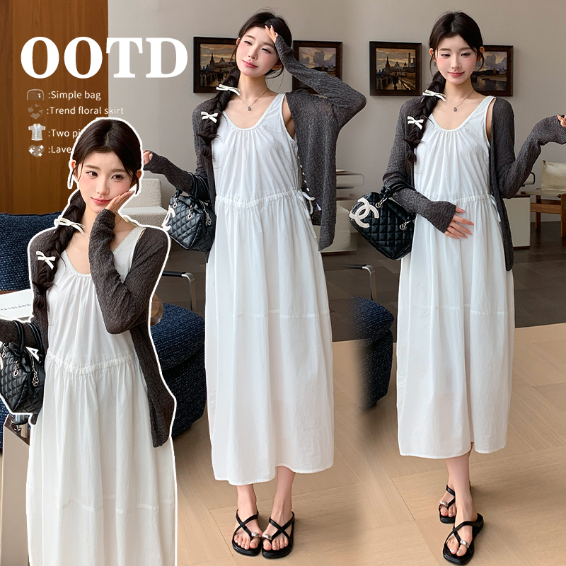 실사 지금 임산부 디자인 센스 나무 껍질 곡물 니트 카디건 코트 느슨함 센스 화이트 u 칼라 조끼 스커트