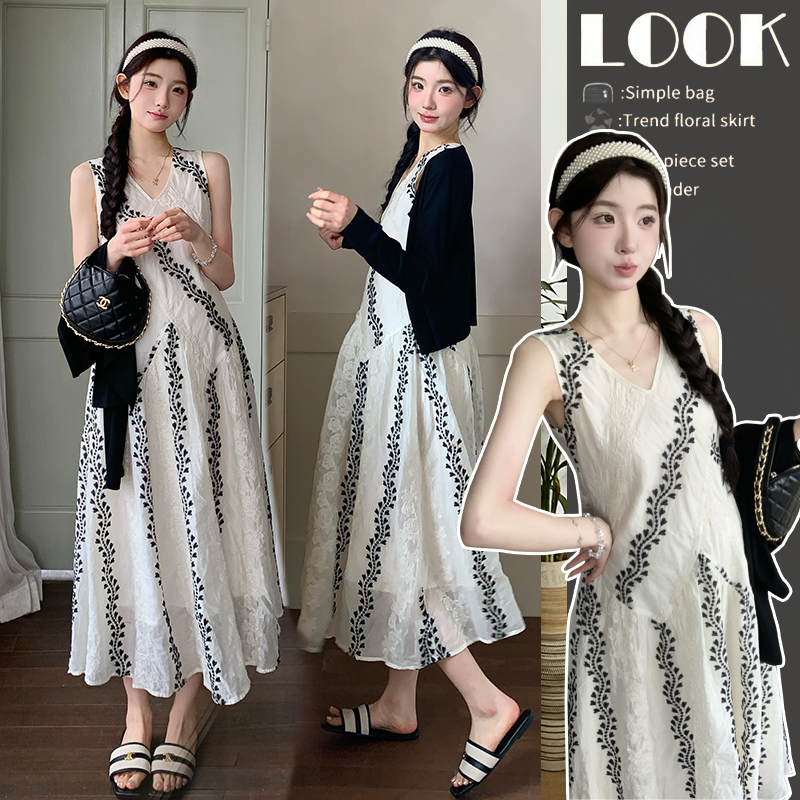 실사 지금 임산부 베이지 색 민족 스타일 드레스 품격 조끼 스커트 자외선 차단 재킷 2 세트 세트