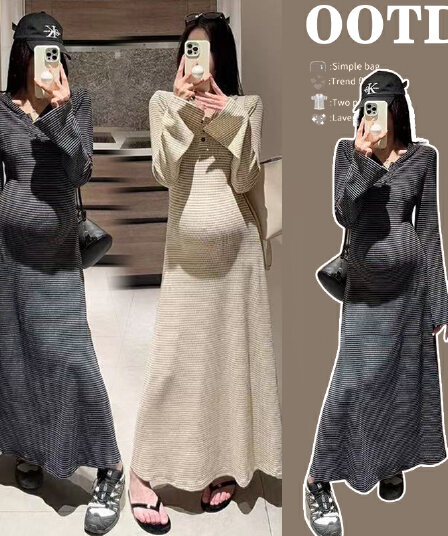 임산부 흔들어서 톤 폭발 원본 품질 재고 있음 임산부 느긋한 바람 후드 표지 배 스트라이프 바닥 청소 롱 스커트