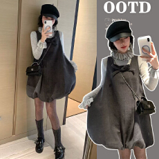 批发实拍有货孕妇<b class='q'>正品</b>韩系蝴蝶结装饰背心呢料无袖<b class='q'>连衣裙</b>套装